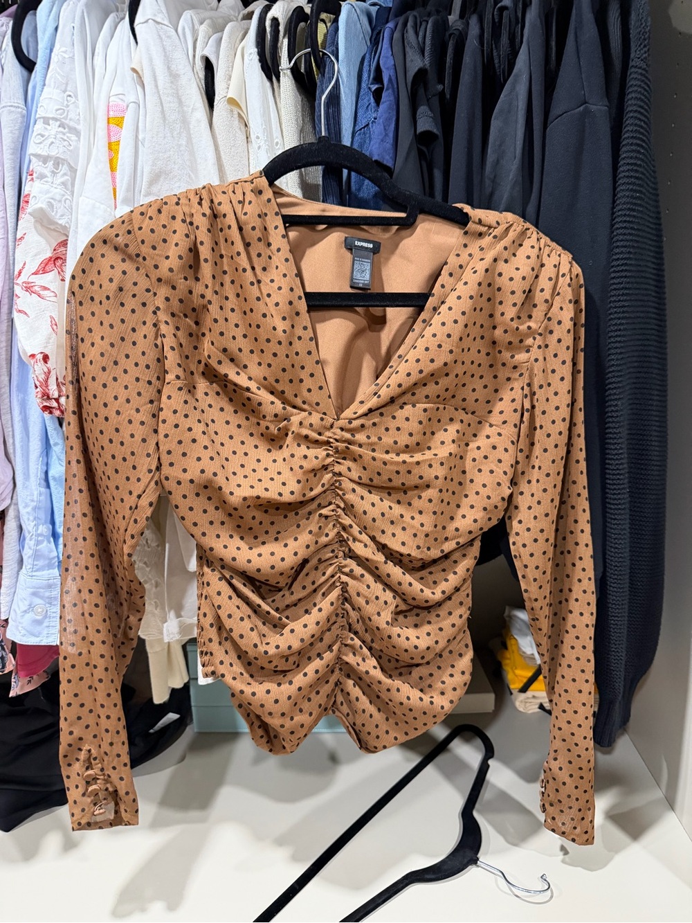 Express Tan Polka Dot Ruched Long-Sleeve Blouse